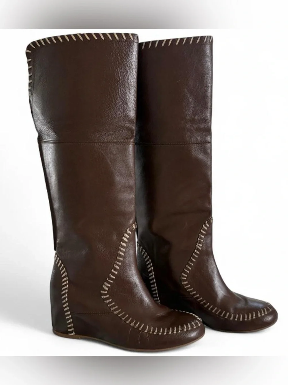 Vintage western brown genuine leather knee high wedge boots